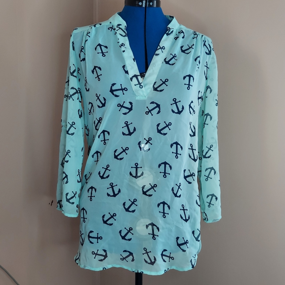 Rue21 Sheer Blue and Green Anchor Top or Bathing Suit Coverup